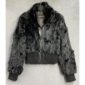 Guess Women Genuine Rabbit fur Bomber Jacket Full Zip Ribbed Cuffs Hem Black XS